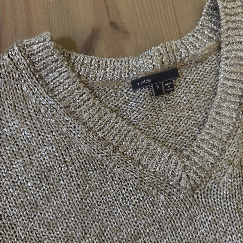 VINCE Linen-Blend V-Neck Silver Metallic Sweater S - Picture 4 of 6